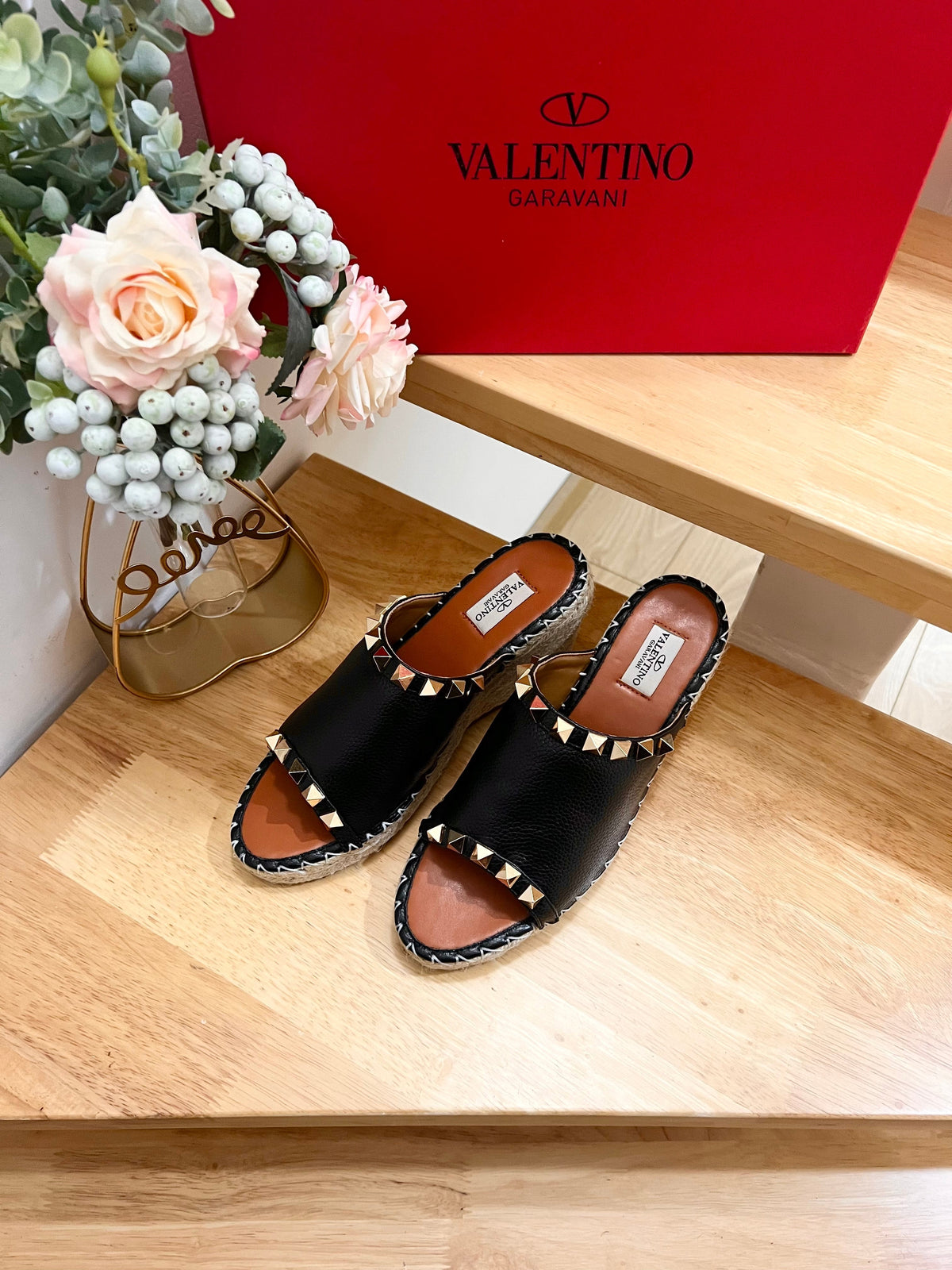 Valentino Mule Wedge Black Leather 240592