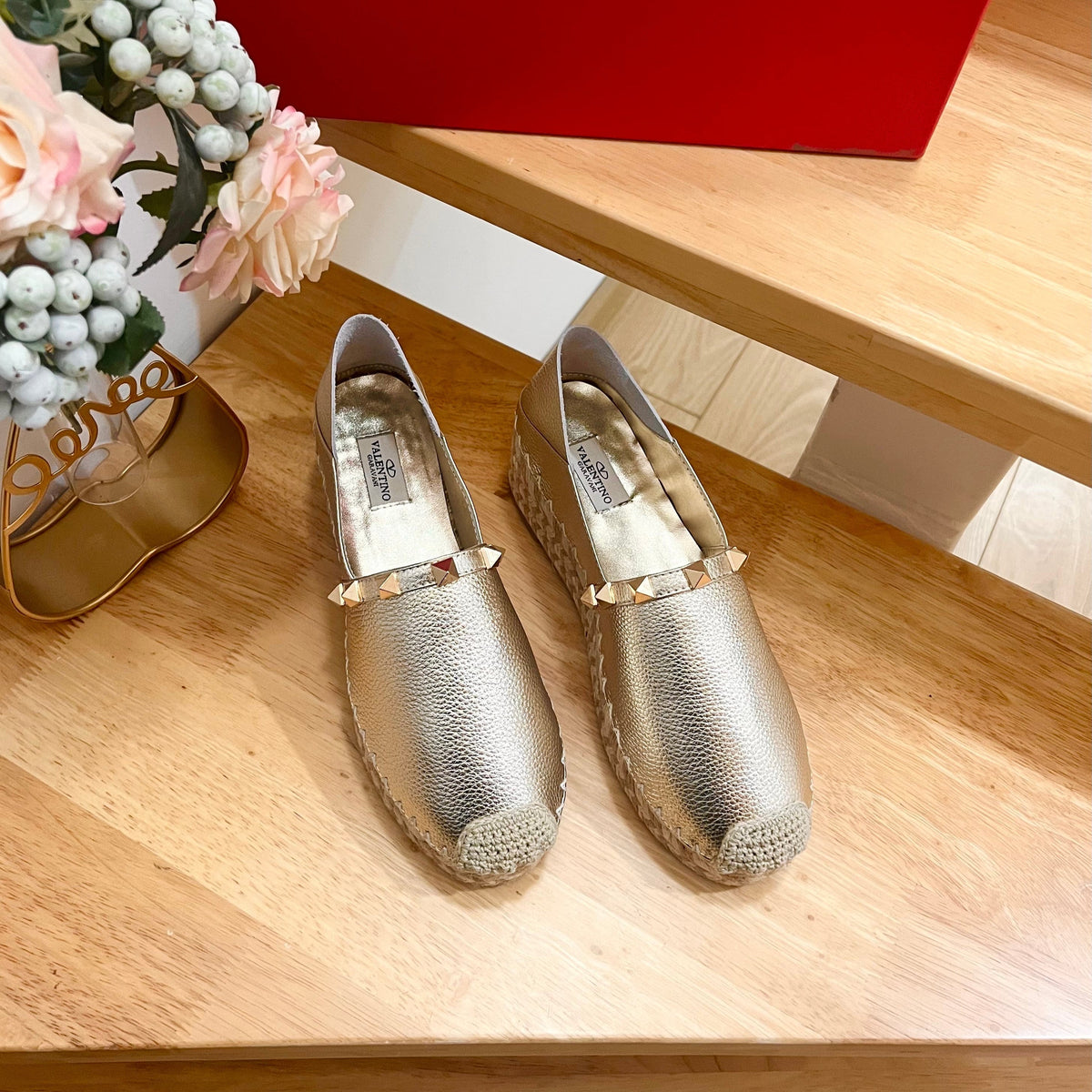 Valentino Rockstud Embellished Slip On Espadrille Silver Cowhide 240571