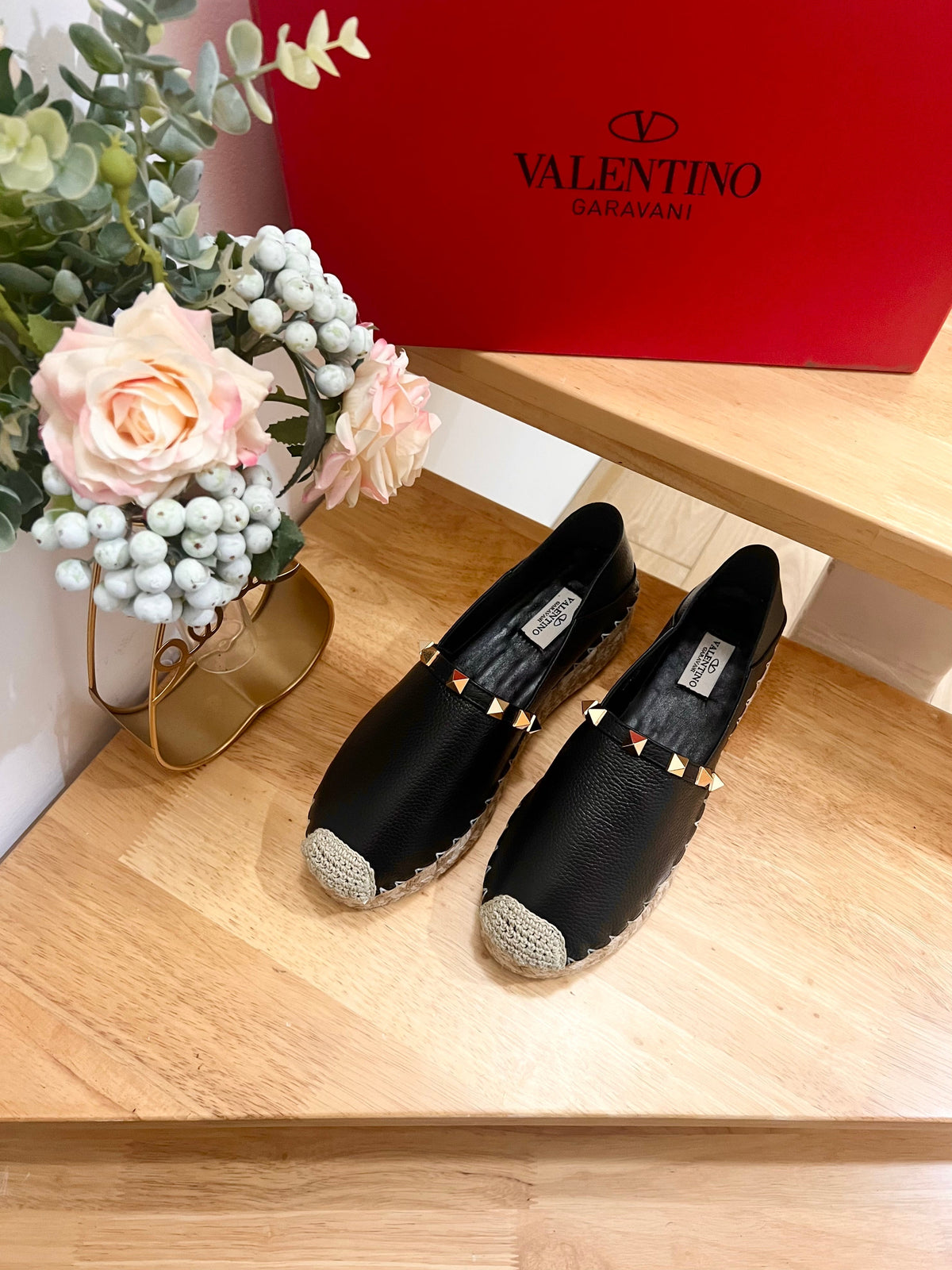 Valentino Rockstud Embellished Slip On Espadrille Black Cowhide 240572