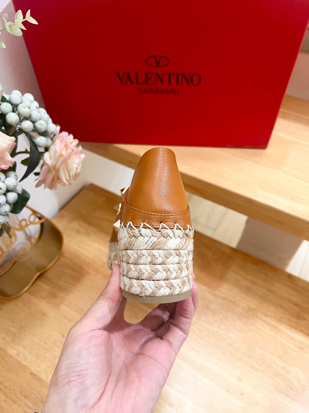 Valentino Rockstud Embellished Slip On Espadrille BRown Cowhide 240573
