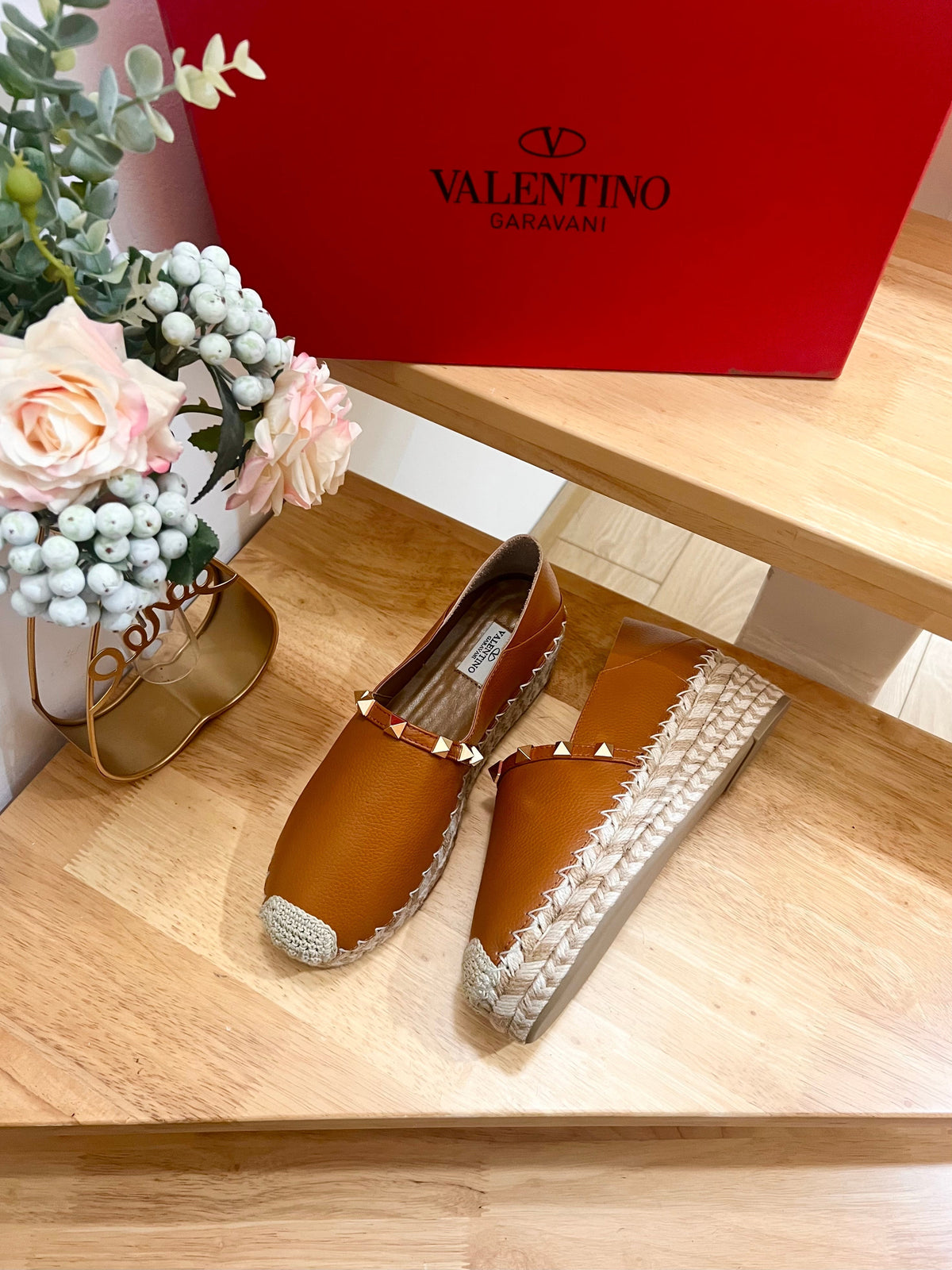 Valentino Rockstud Embellished Slip On Espadrille BRown Cowhide 240573