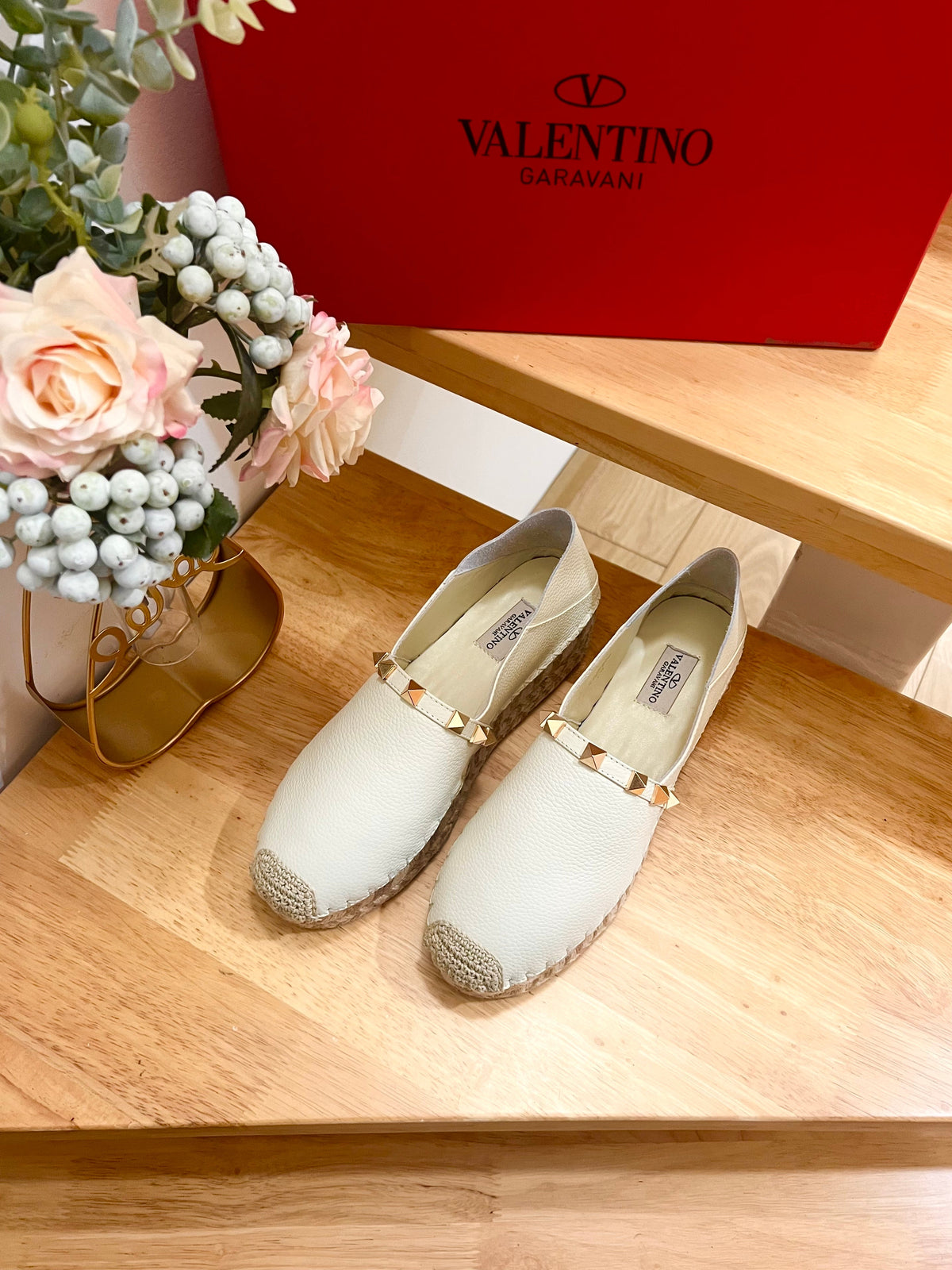 Valentino Rockstud Embellished Slip On Espadrille White Cowhide 240574