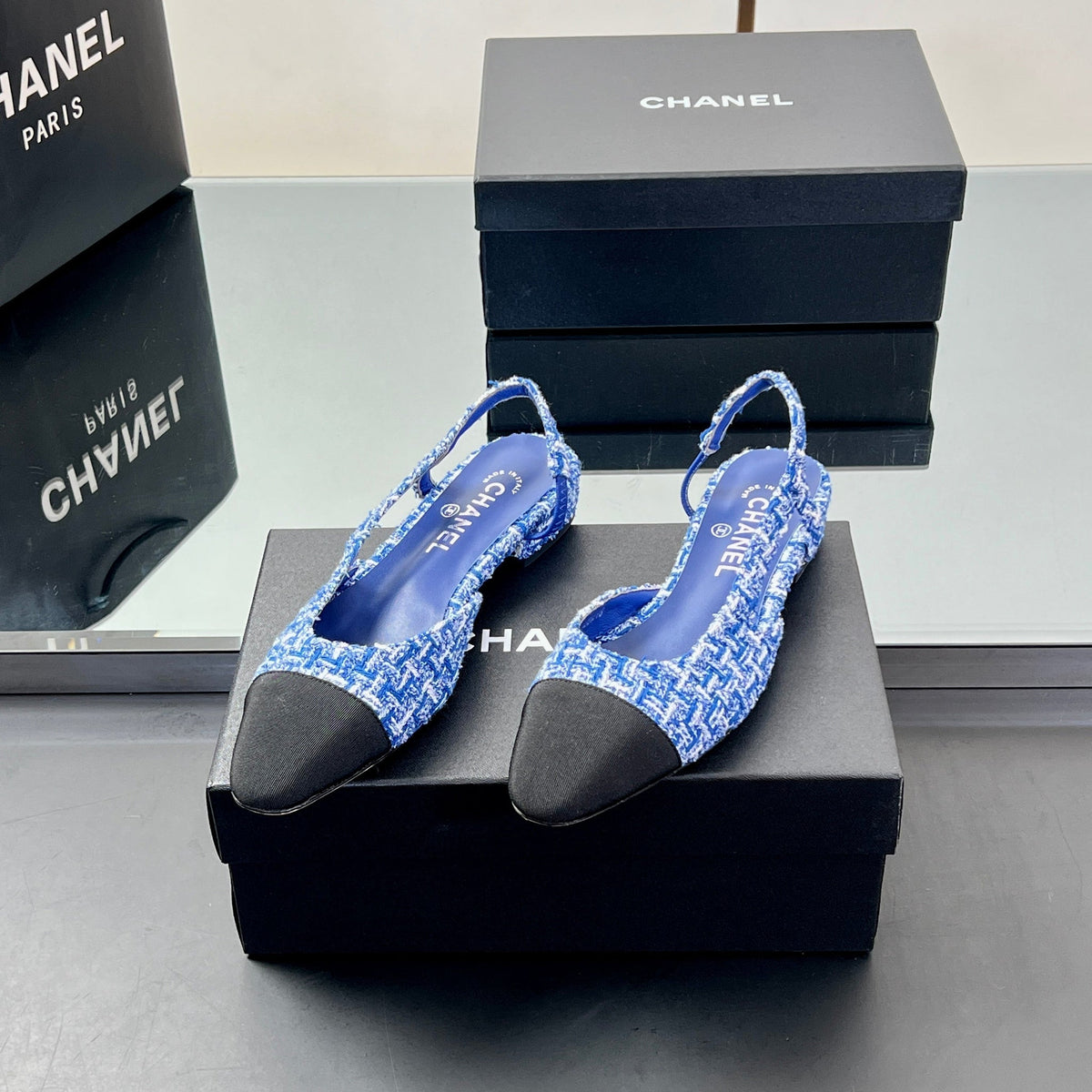 CC Slingback 2.5cm Cobalt Blue Black Tweed Fabric