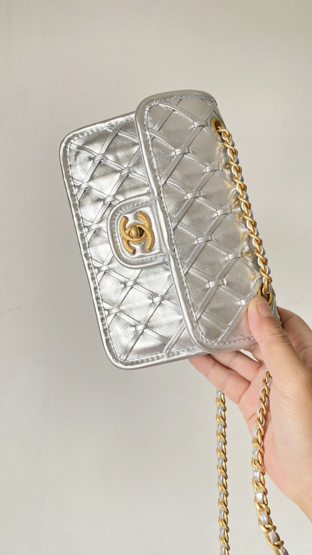 Chanel 25C Mini Flap Bag Silver Gold Lambskin