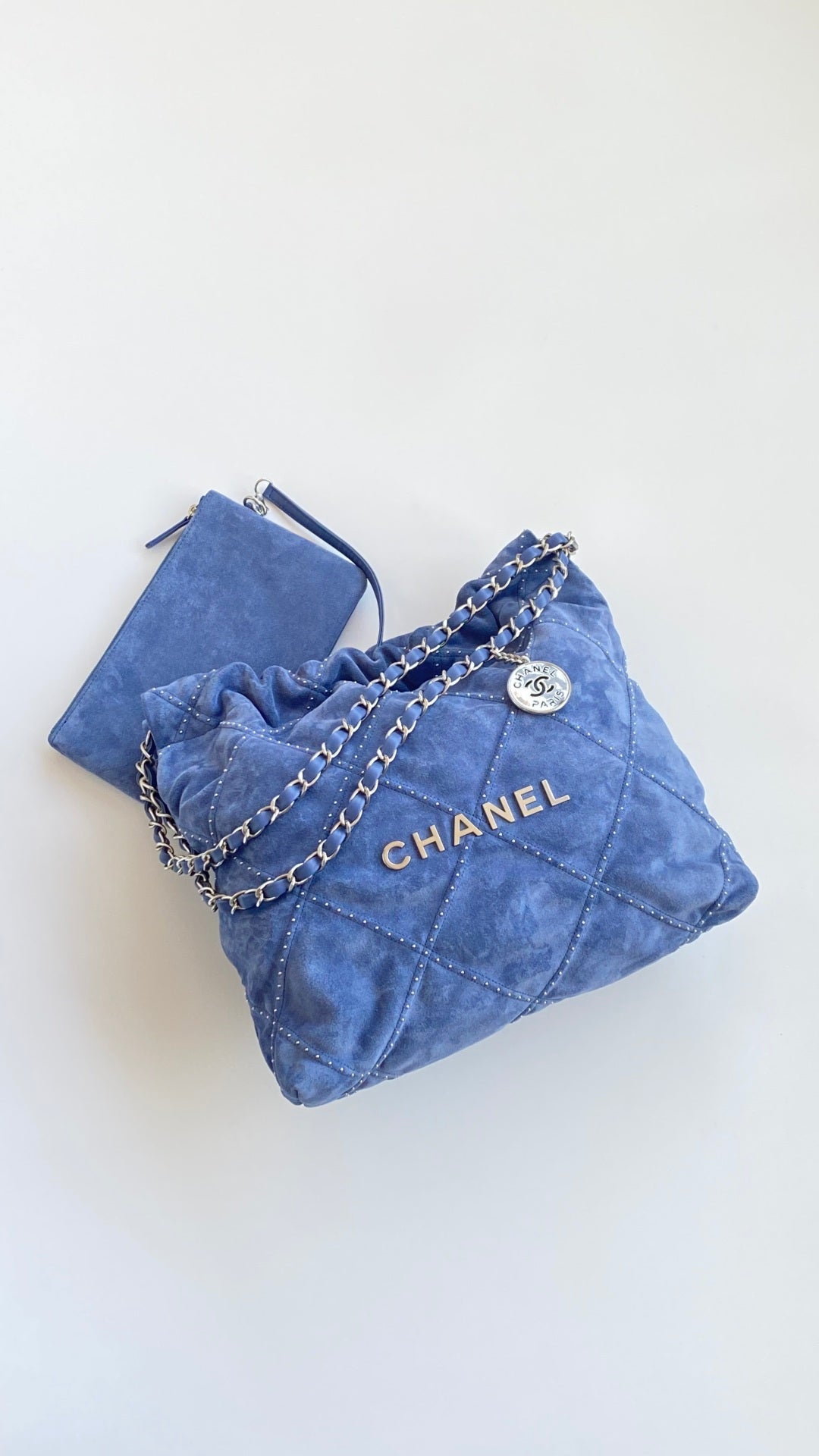 Chanel 25 Quilted Studded Bag Blue Suede