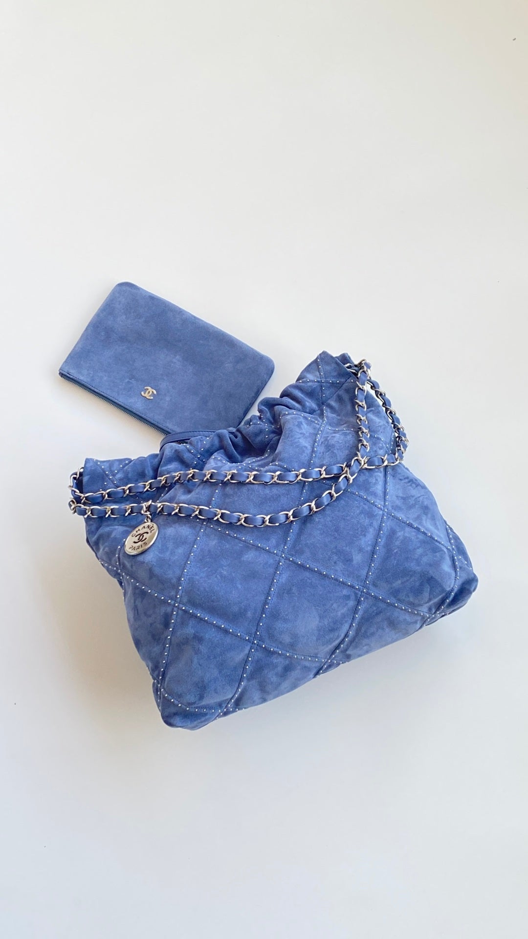 Chanel 25 Quilted Studded Bag Blue Suede