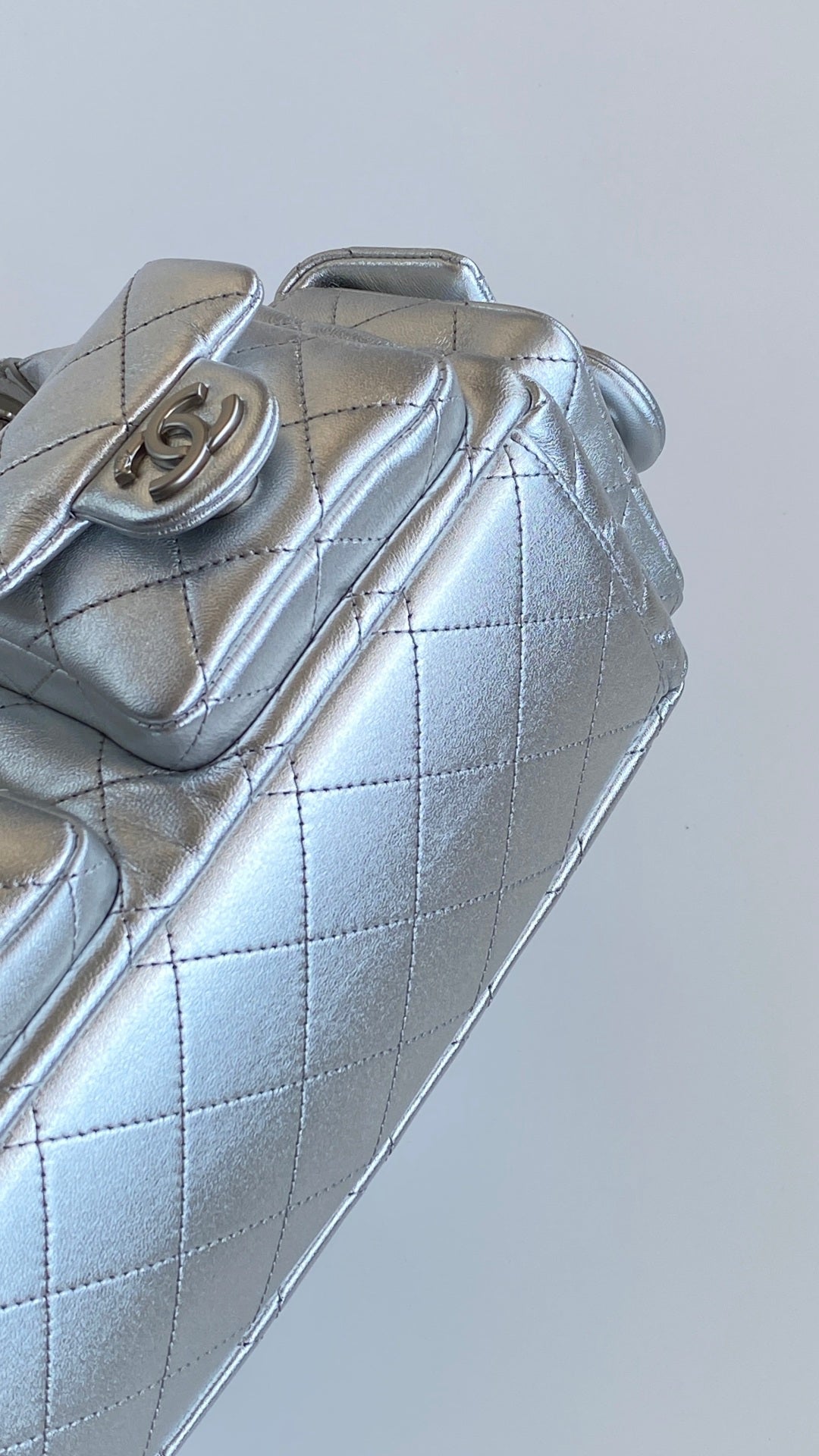 Chanel 25 Large Cargo Hobo Bag Silver Lambskin