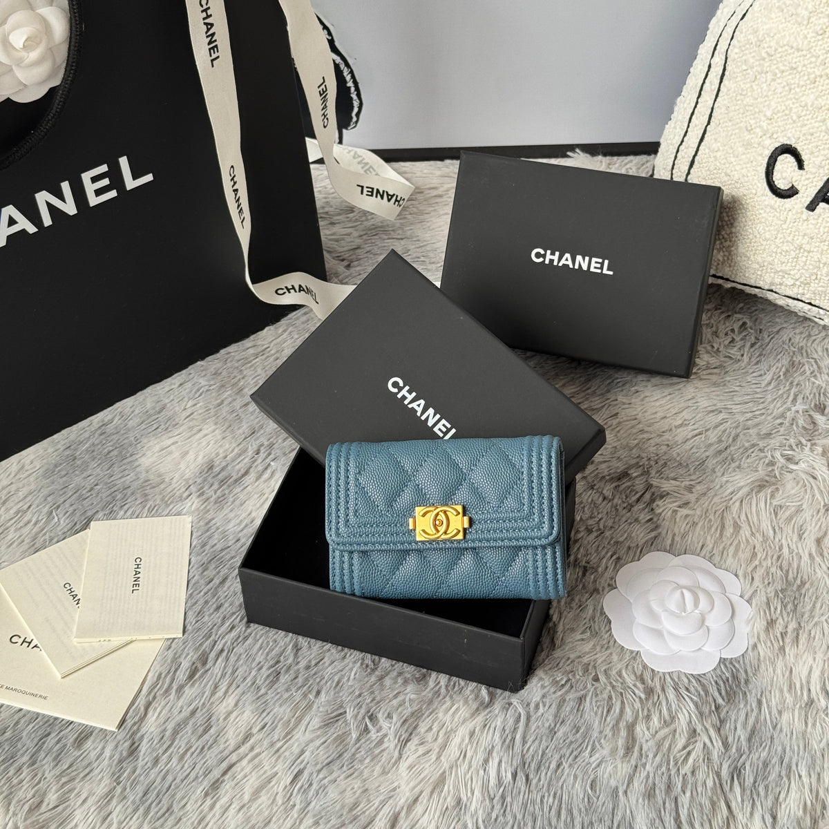 CC Boy Flap Card Holder Muted Teal Gold-tone Grained Calfskin 242854
