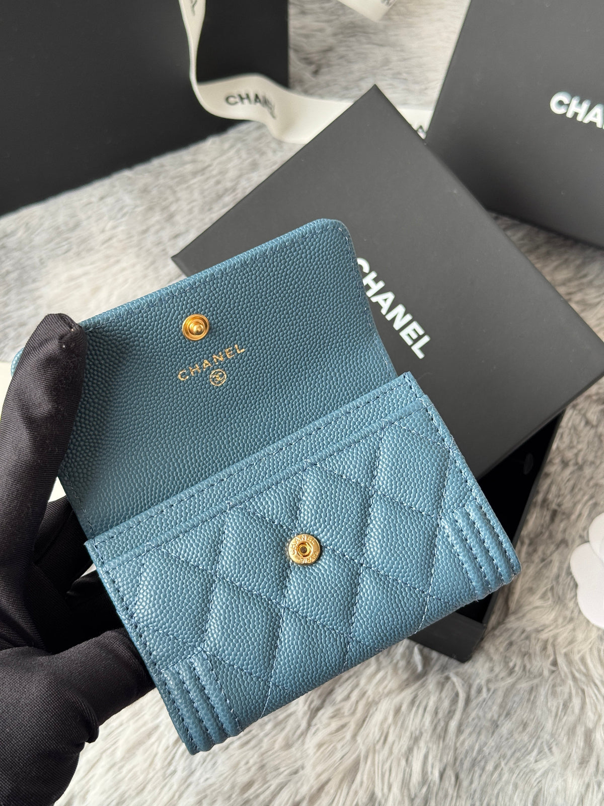 CC Boy Flap Card Holder Muted Teal Gold-tone Grained Calfskin 242854