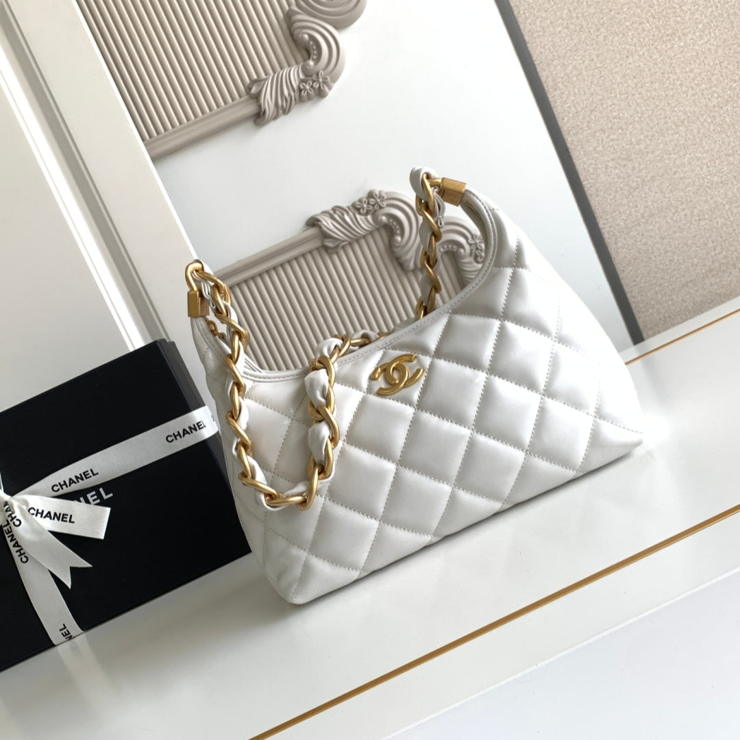 CC Hobo Bag With Chain 35cm White Lambskin 277764 GHW