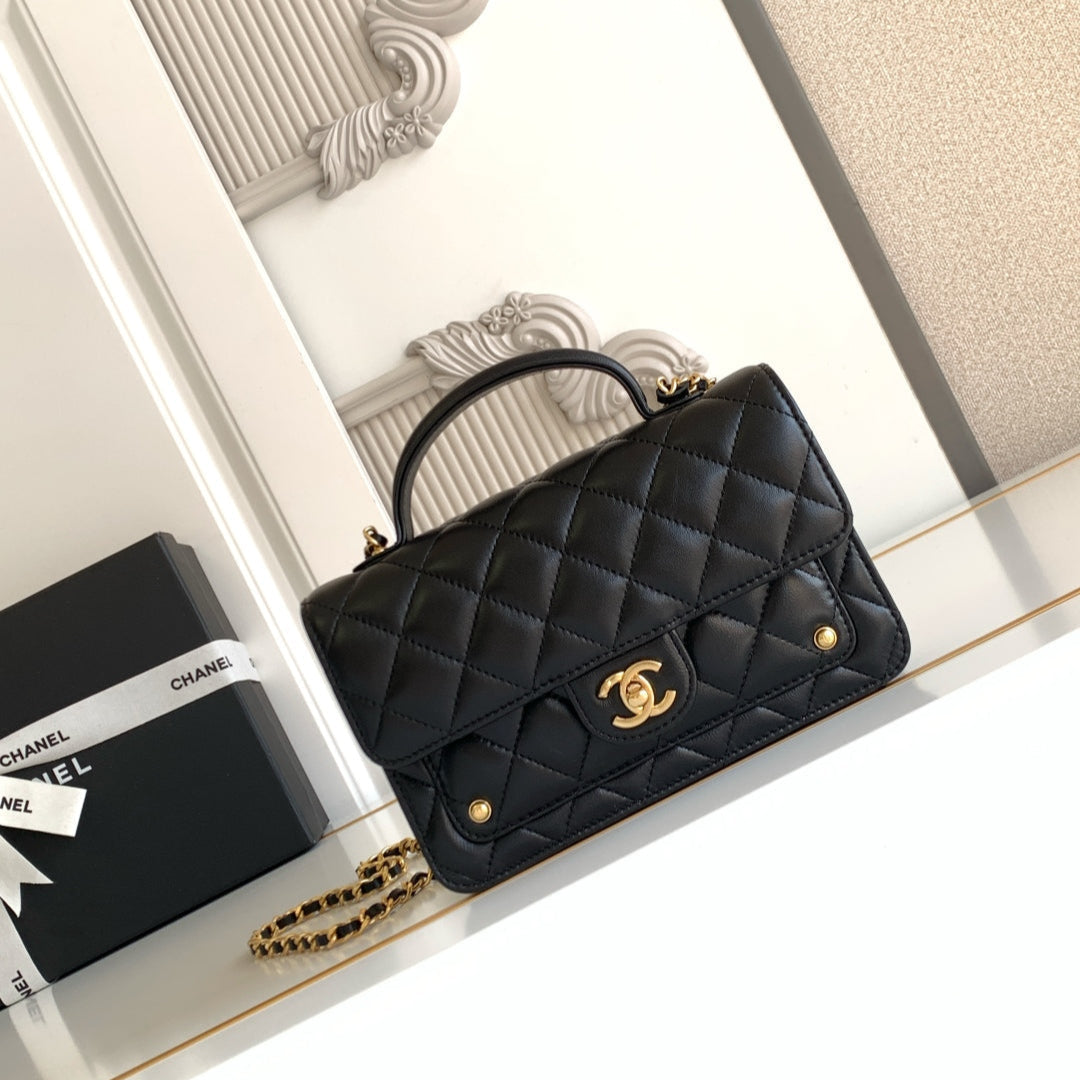 CC Handle Bag 19cm Double C Black Lambskin Gold Hardware