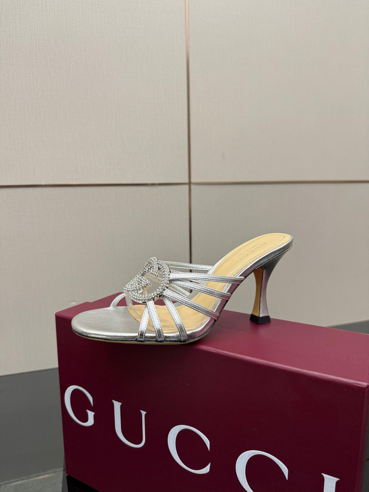 Women's Slide 85mm With Crystal Interlocking G Sliver Leather