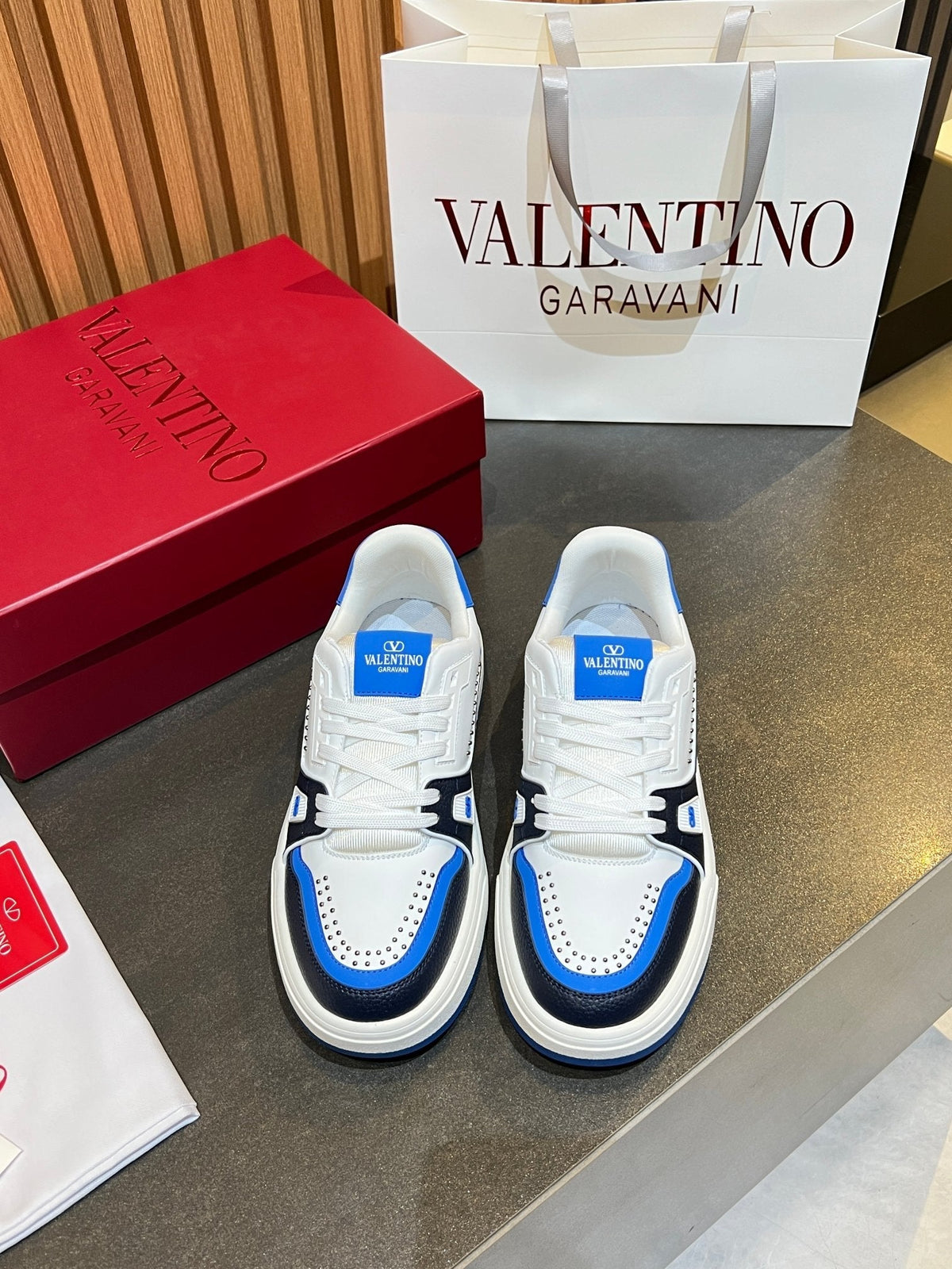VT 26s Upvillage Trainers White Blue Black Leather Studded 105516