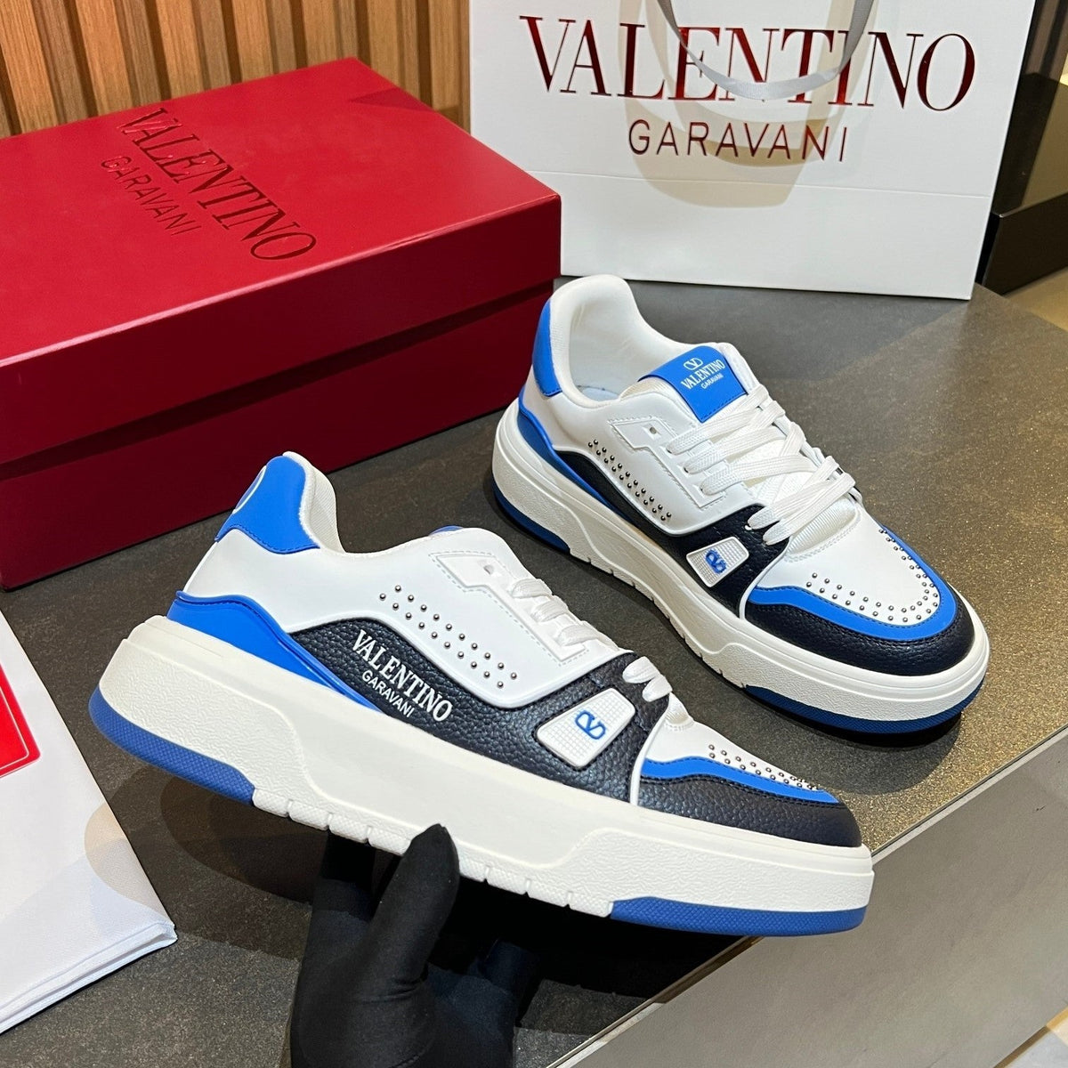 VT 26s Upvillage Trainers White Blue Black Leather Studded 105516