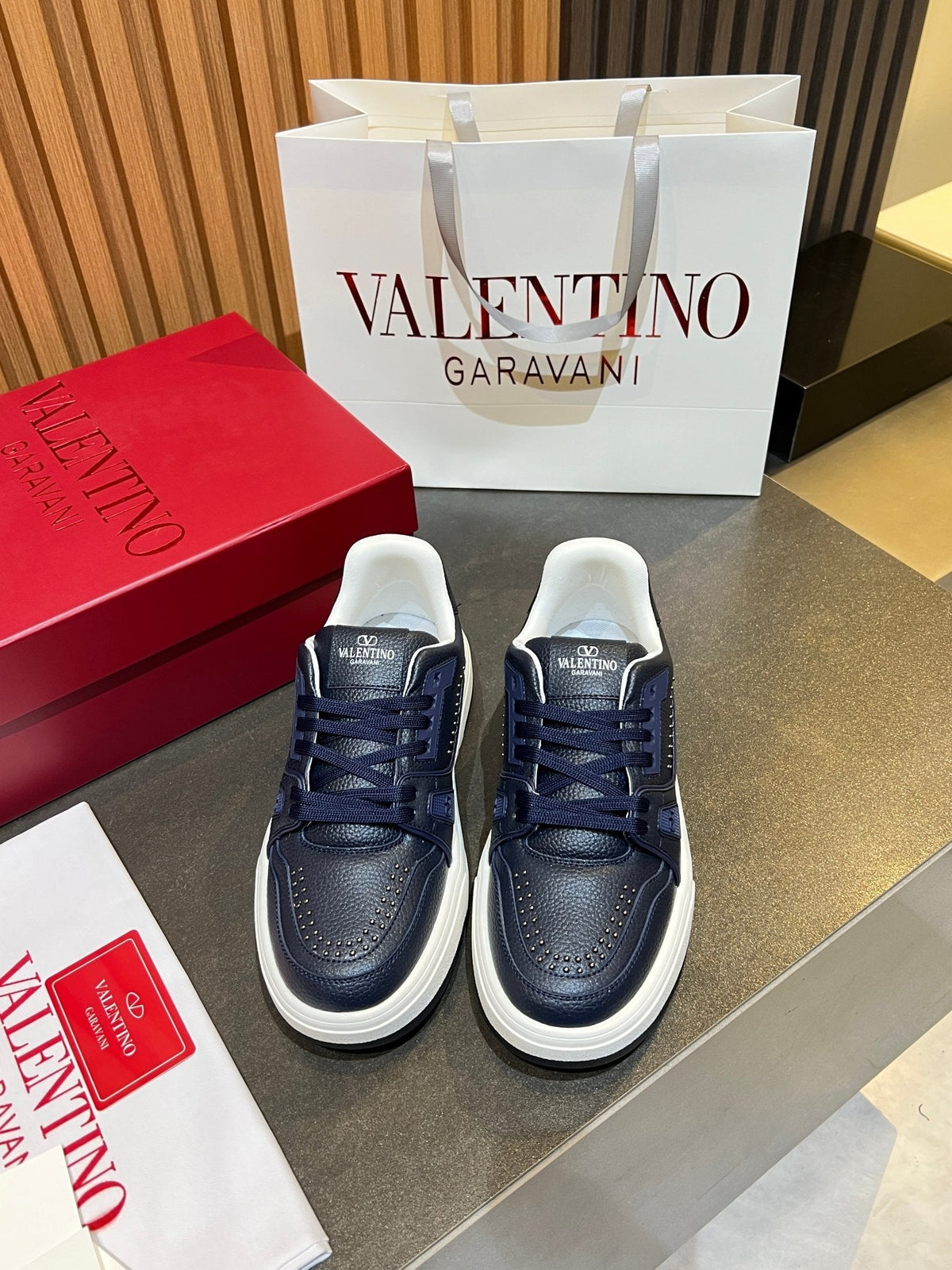 VT 26s Upvillage Trainers Navy Blue White Leather Studded 105517