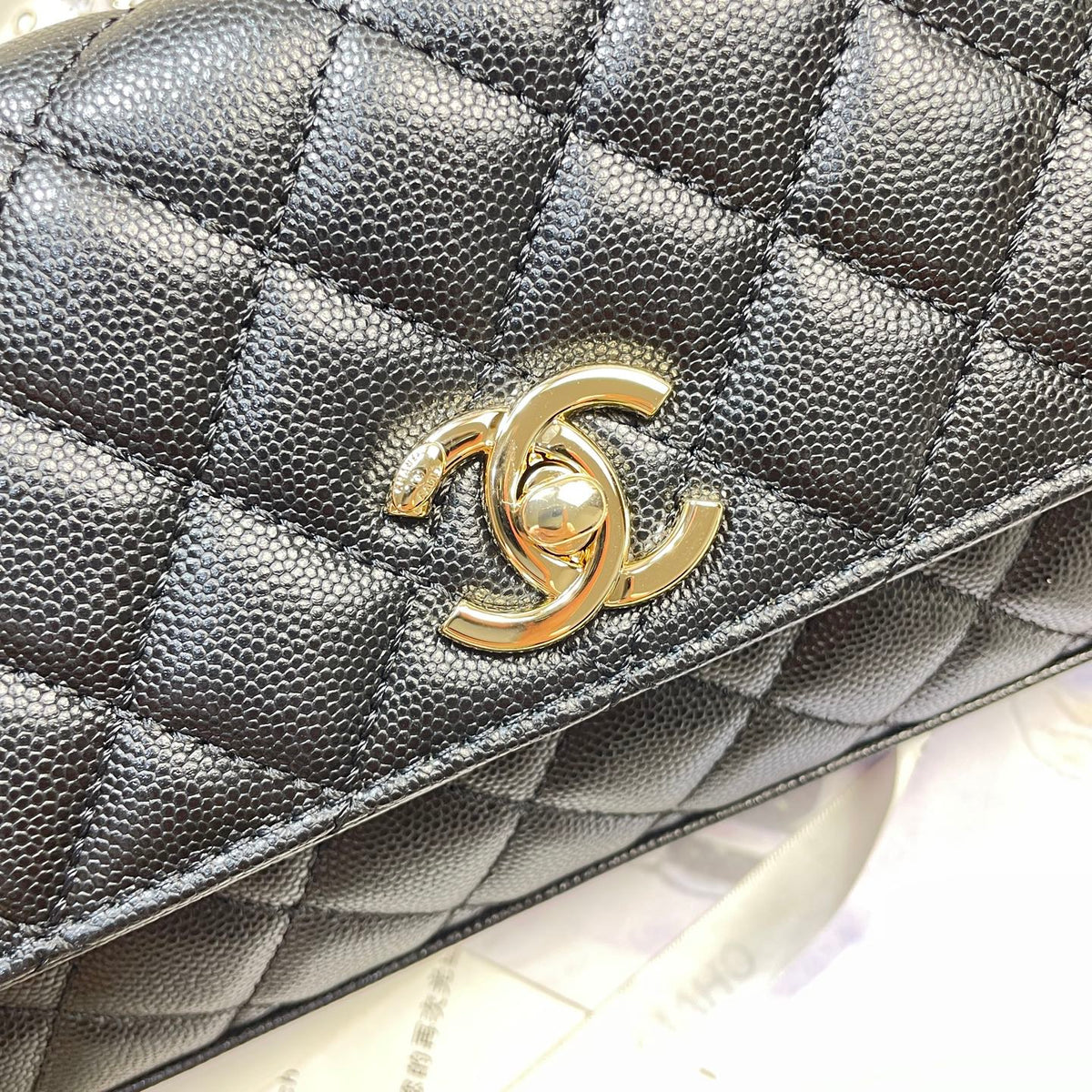 CC 26P Horizontal Coco Handle 32cm Black Quited Caviar Leather Light Gold