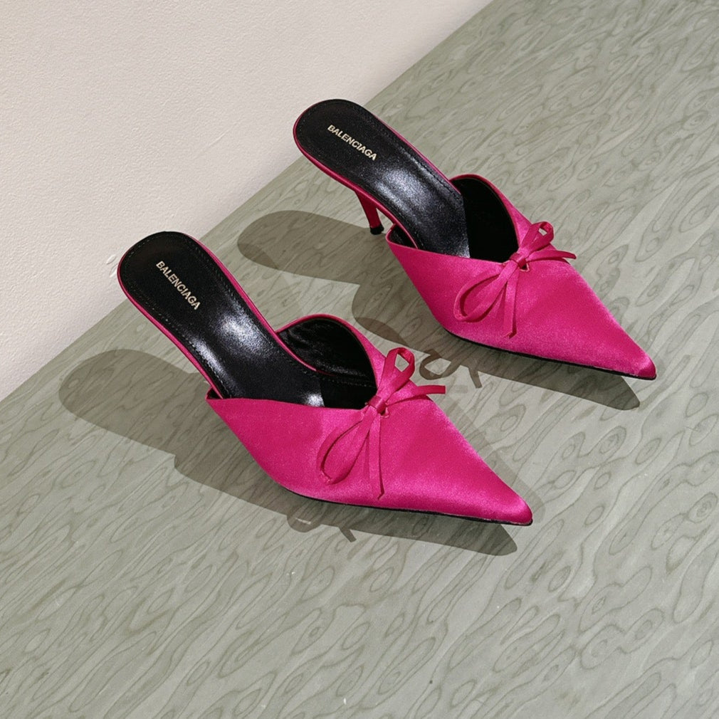 POINTED HIGH MULES WITH BOW IN HOT PINK SILK