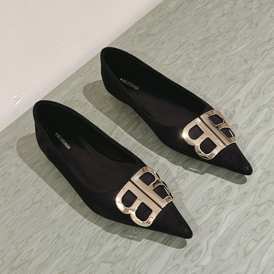 POINTED BB GOLD BUCKLE BALLET FLAT IN BLACK SUEDE