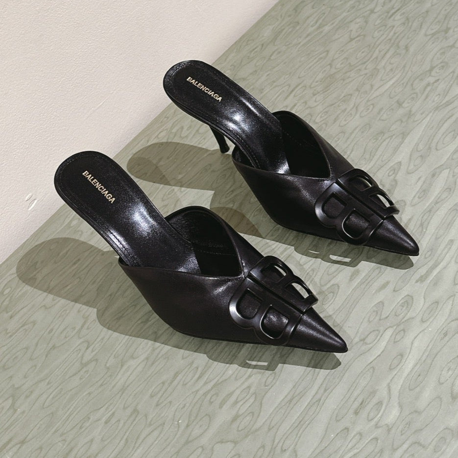 POINTED BB BLACK BUCKLE HIGH MULES IN BLACK SMOOTH LAMBSKIN