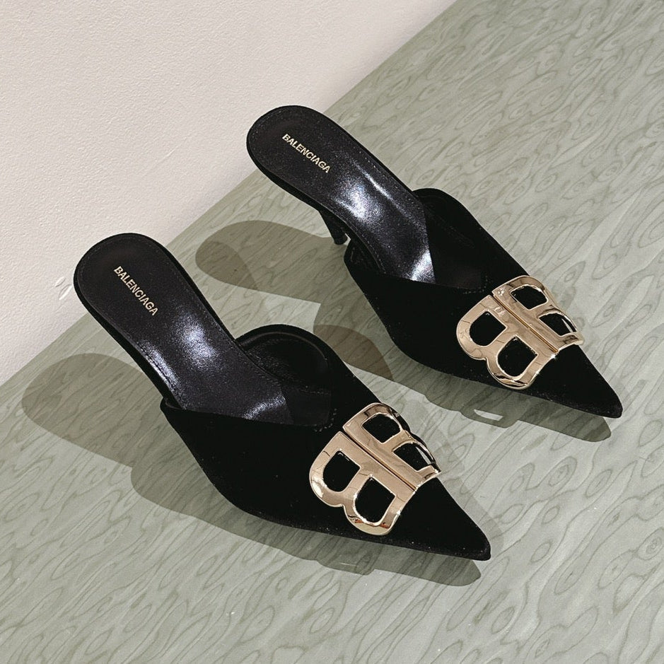 POINTED BB GOLD BUCKLE HIGH MULES IN BLACK VELVET