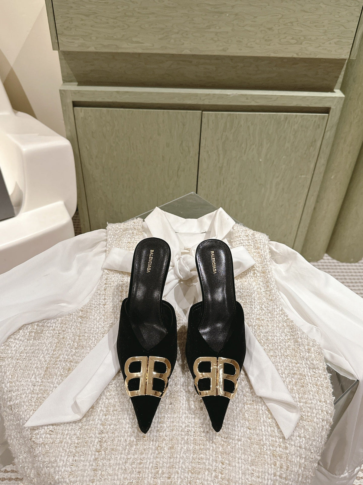 POINTED BB GOLD BUCKLE HIGH MULES IN BLACK VELVET