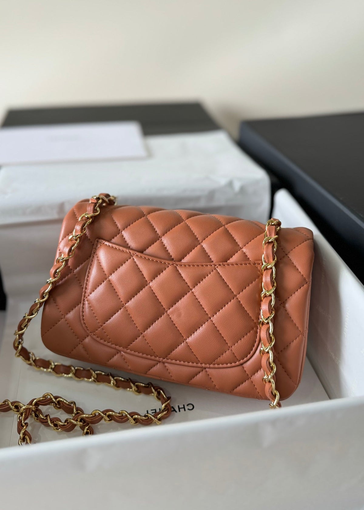 flap bag mini 20 brown lambskin gold hardware