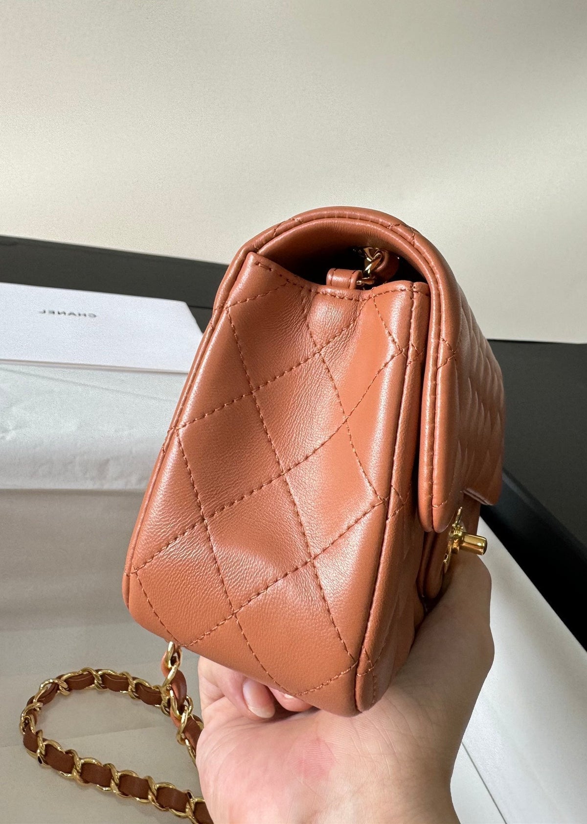 flap bag mini 20 brown lambskin gold hardware