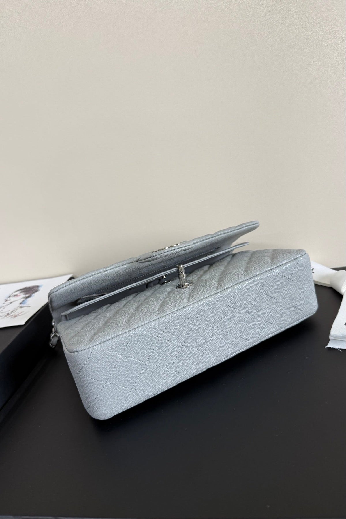CC Classic Double Flap Bag 25cm Light Grey Caviar Leather