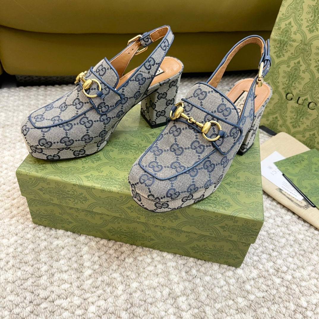 GG HIGH - HEEL SLINGBACK WITH HORSEBIT LIGHT GRAY CALFSKIN