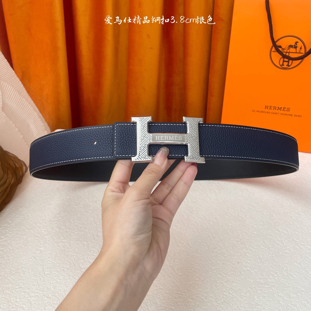 HM Silver Buckle H Belt 38mm Navy Blue Calfskin 187182