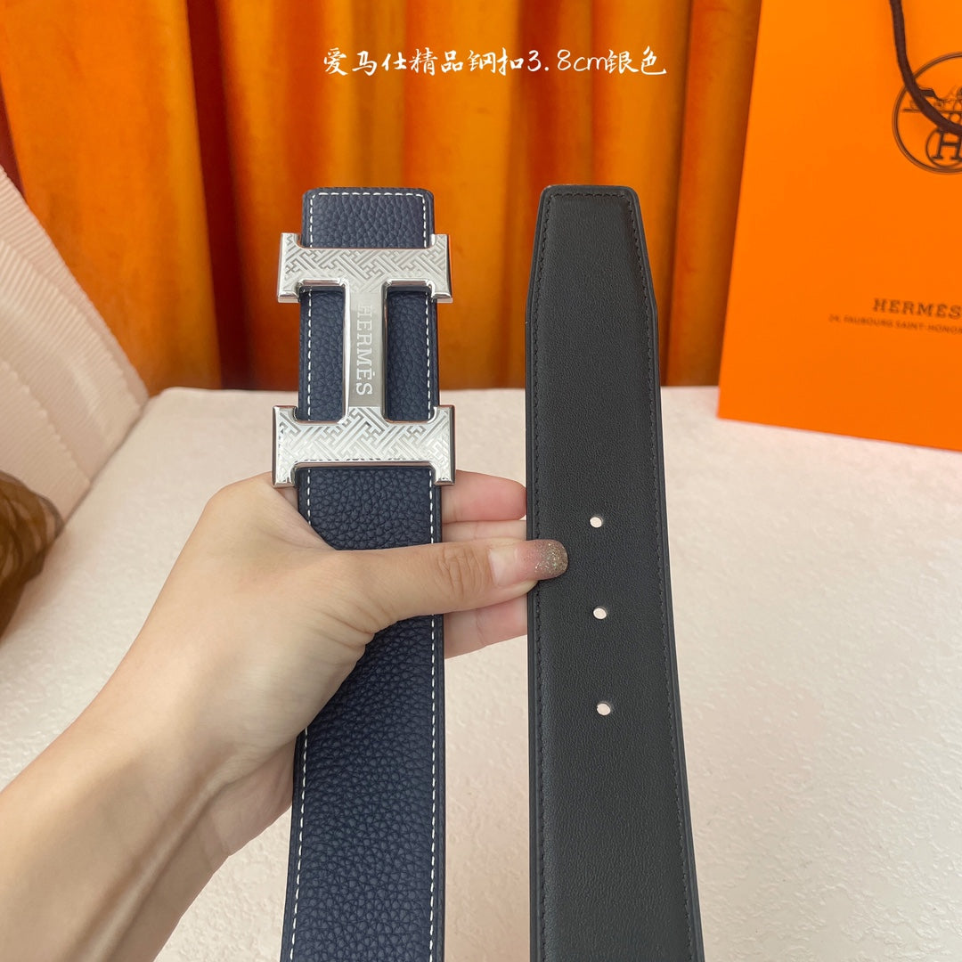 HM Silver Buckle H Belt 38mm Navy Blue Calfskin 187182