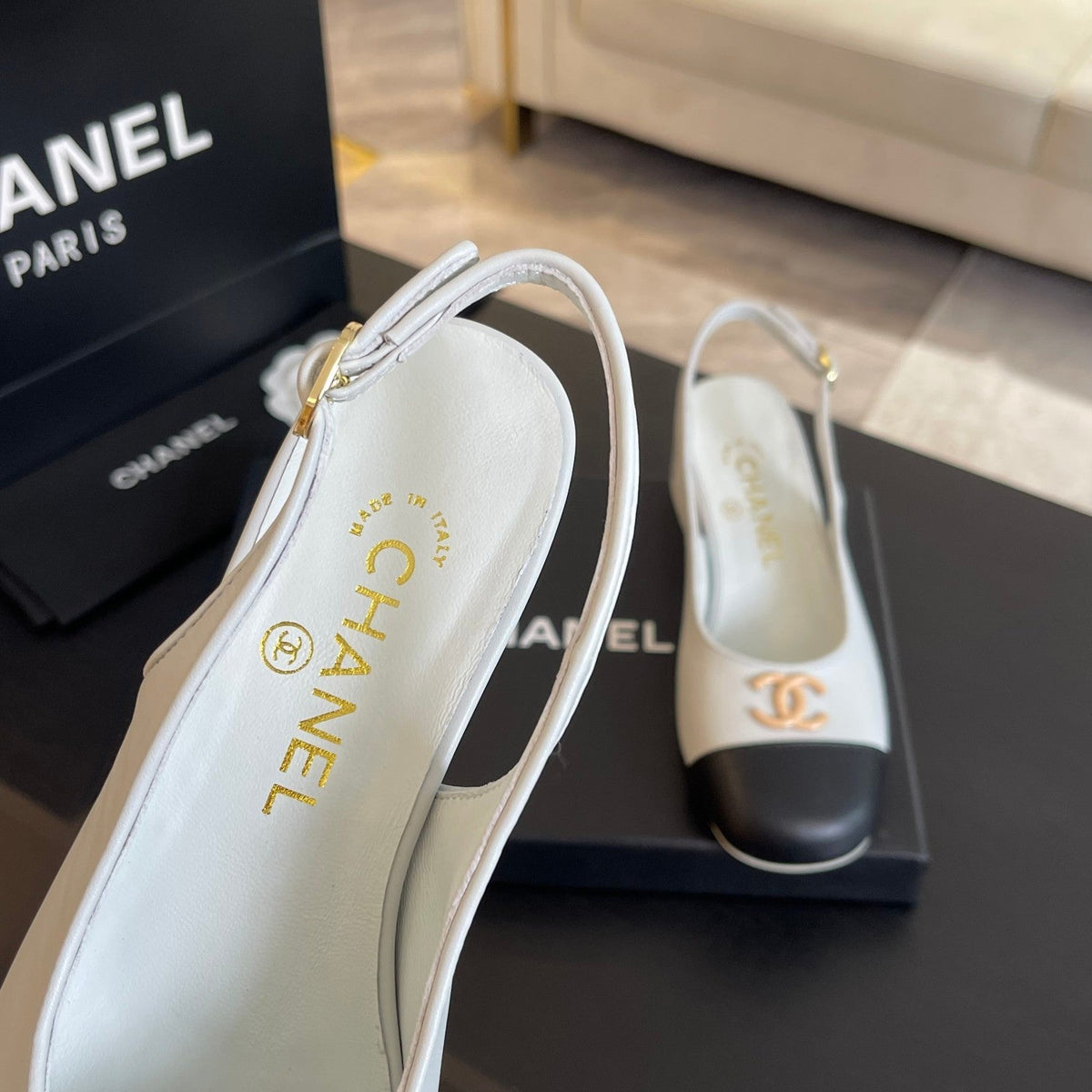 cc slingback 50 white black calfskin