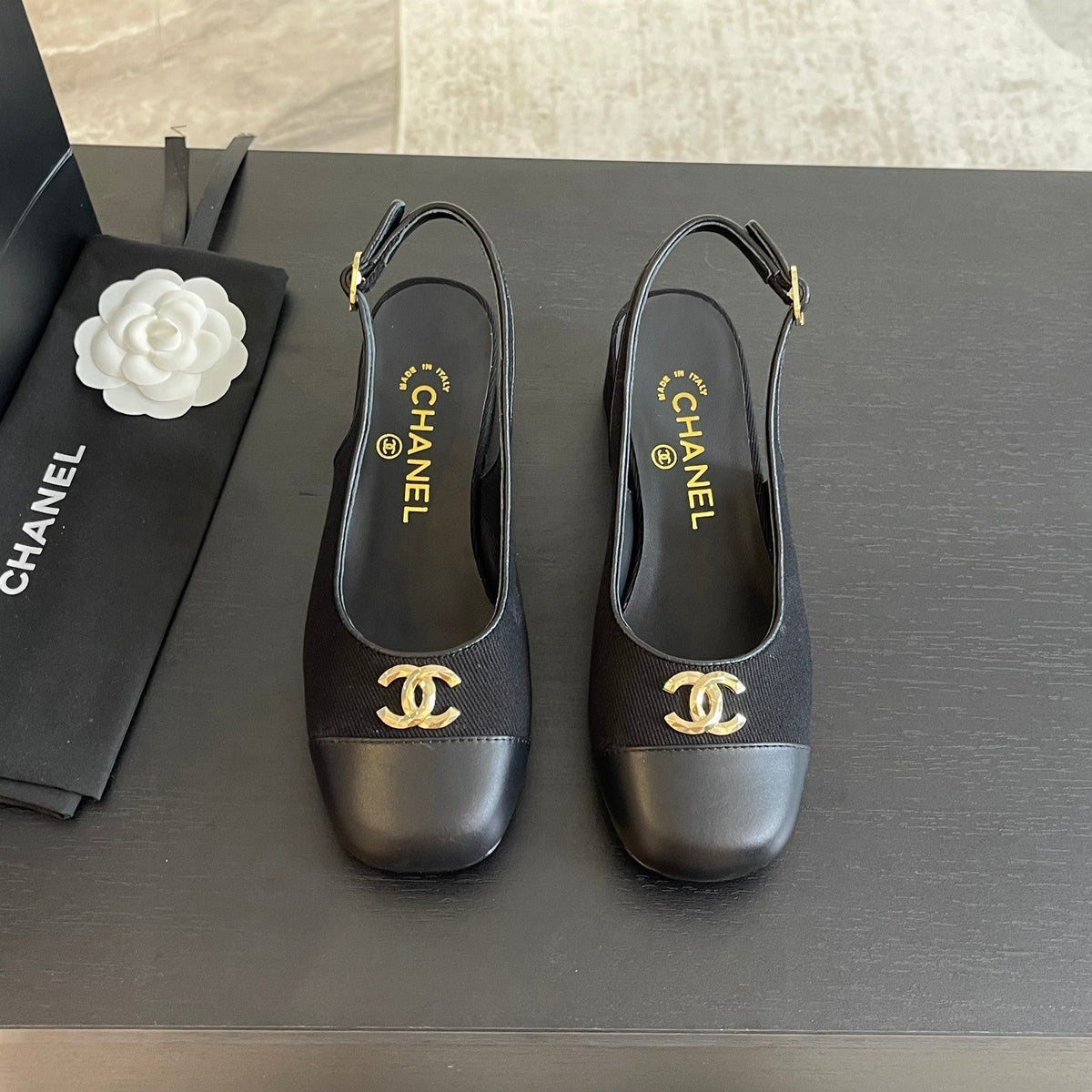 cc slingback 50 black grosgrain calfskin
