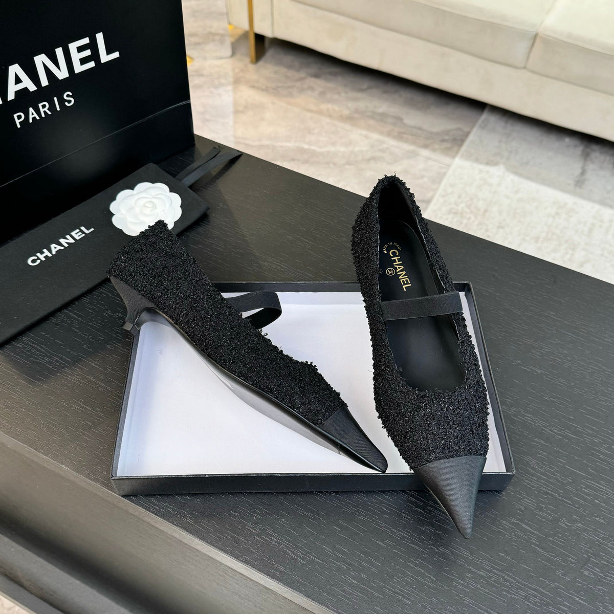 mary jane 35 pointed toe black tweed black grosgrain