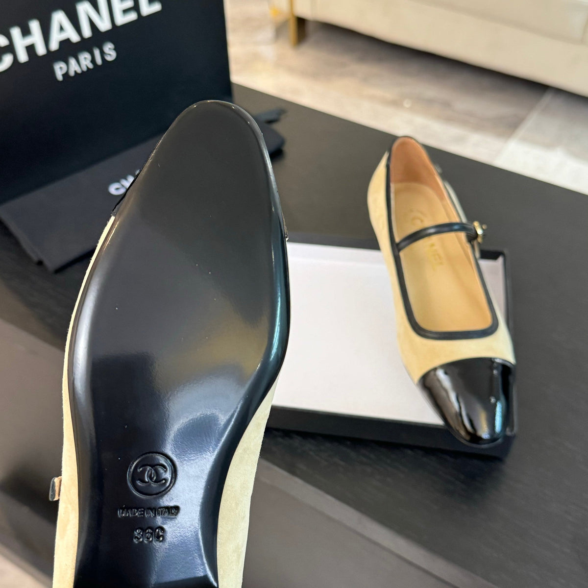 CC Mary Jane Black Beige Suede