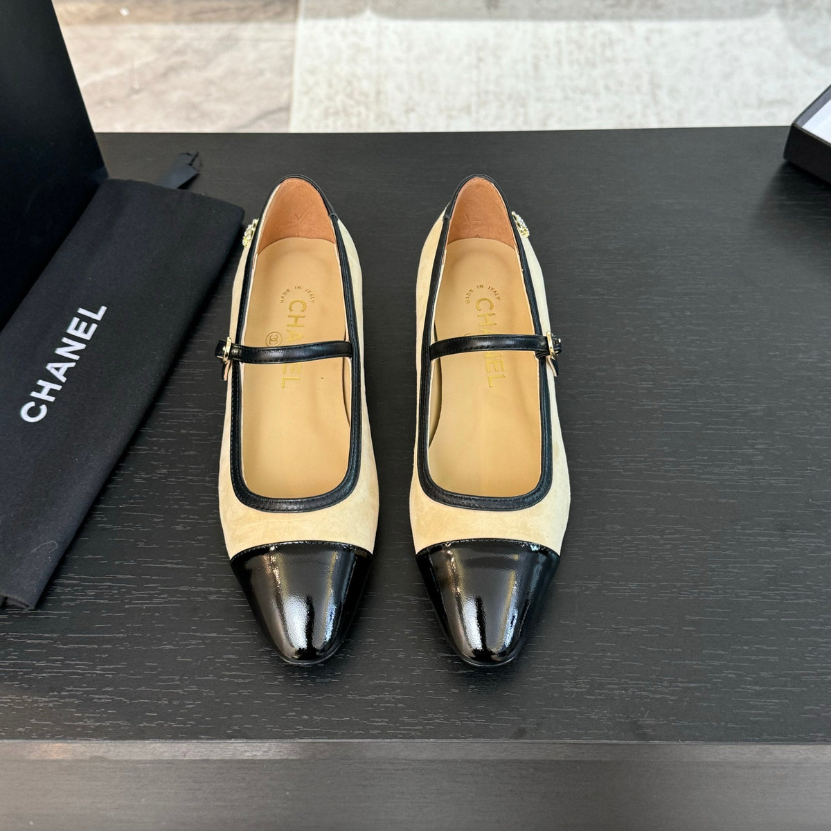 CC Mary Jane Black Beige Suede
