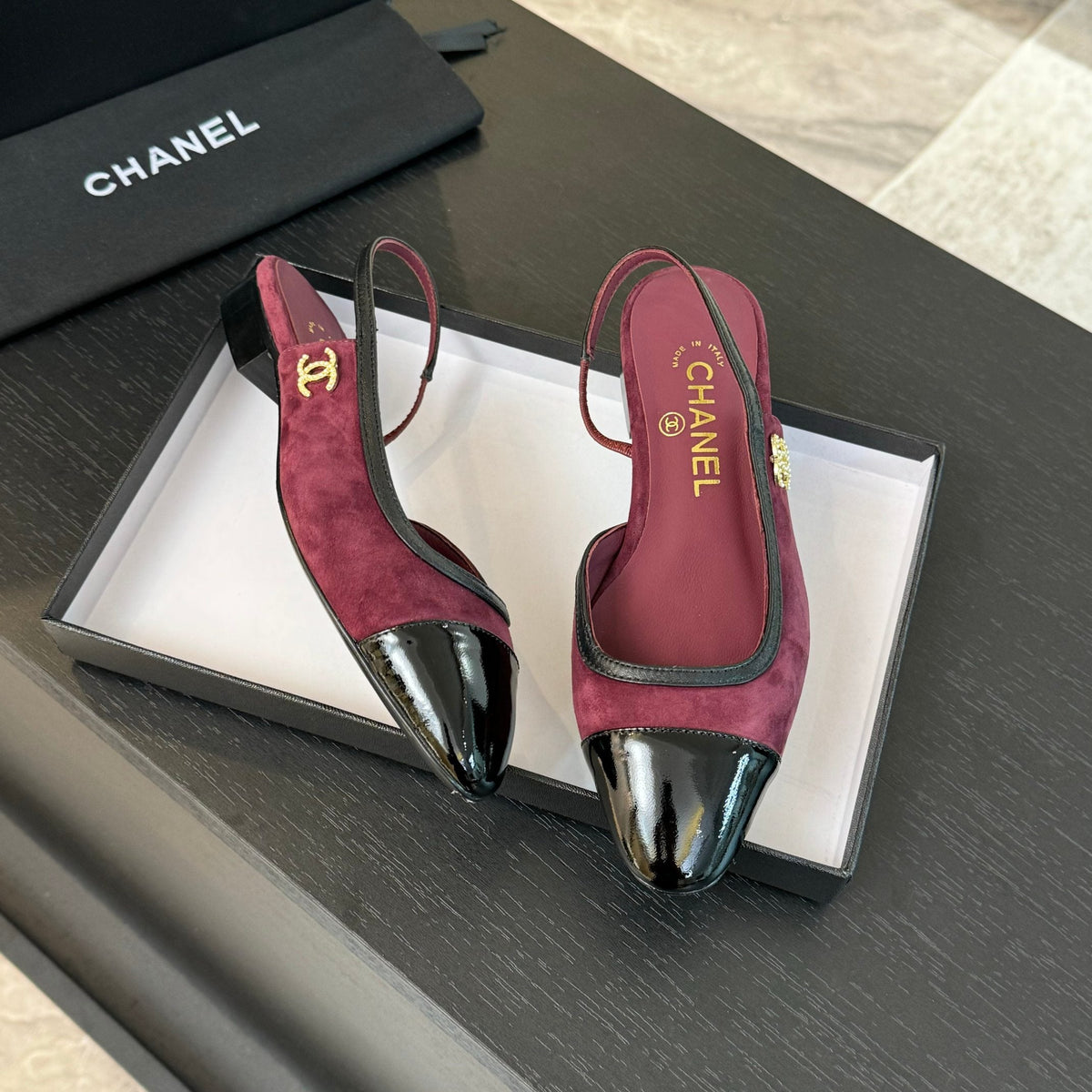 CC Slingback Black Dark Red Suede