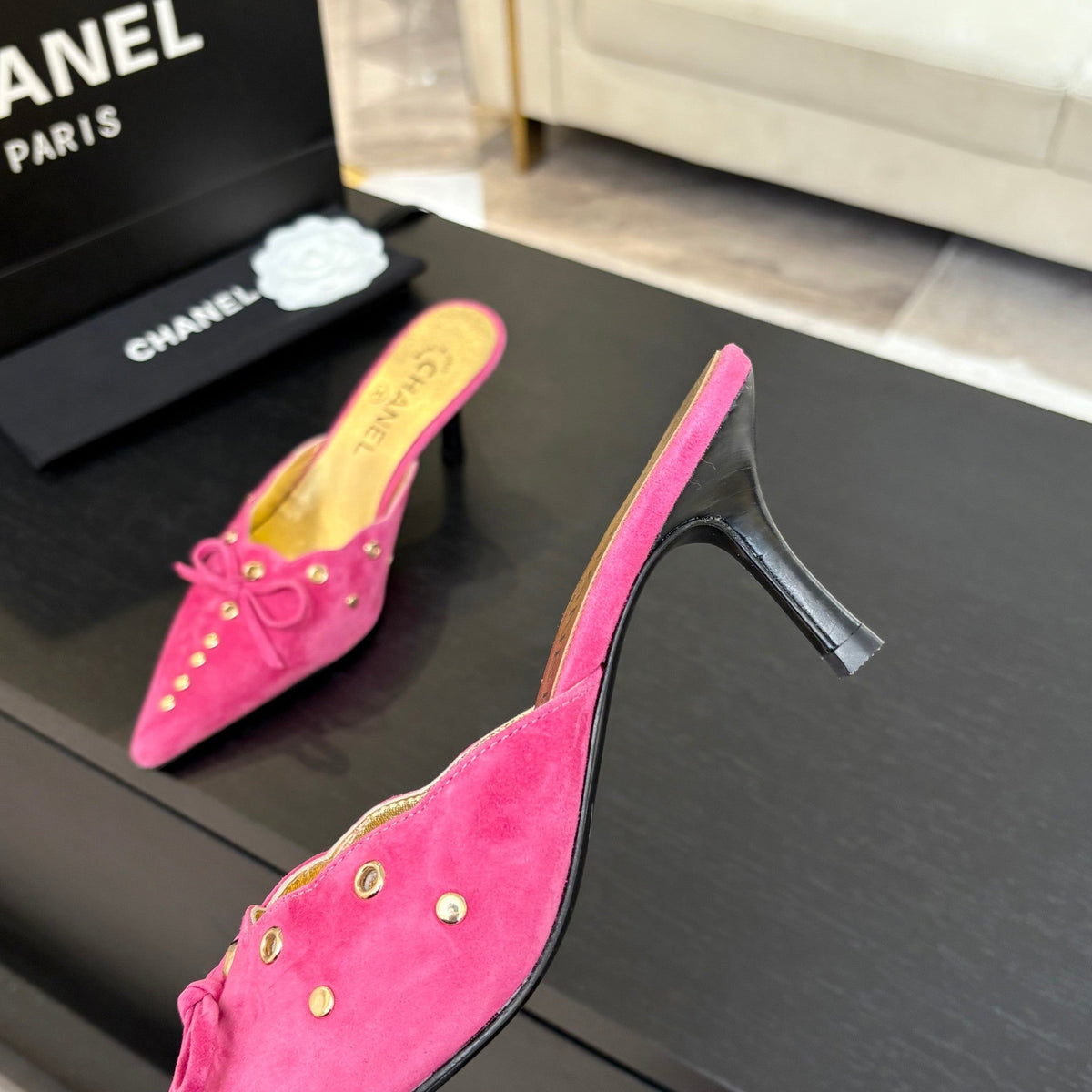 HIGH HEEL MULE 65 MM IN DEEP PINK SUEDE