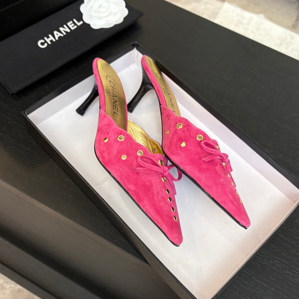 HIGH HEEL MULE 65 MM IN DEEP PINK SUEDE