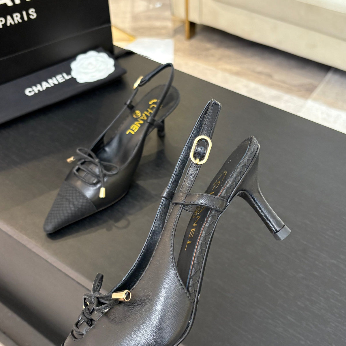 HIGH HEEL SLINGBACKS 65 MM IN BLACK WITH SNAKESKIN PATTERN LAMBSKIN