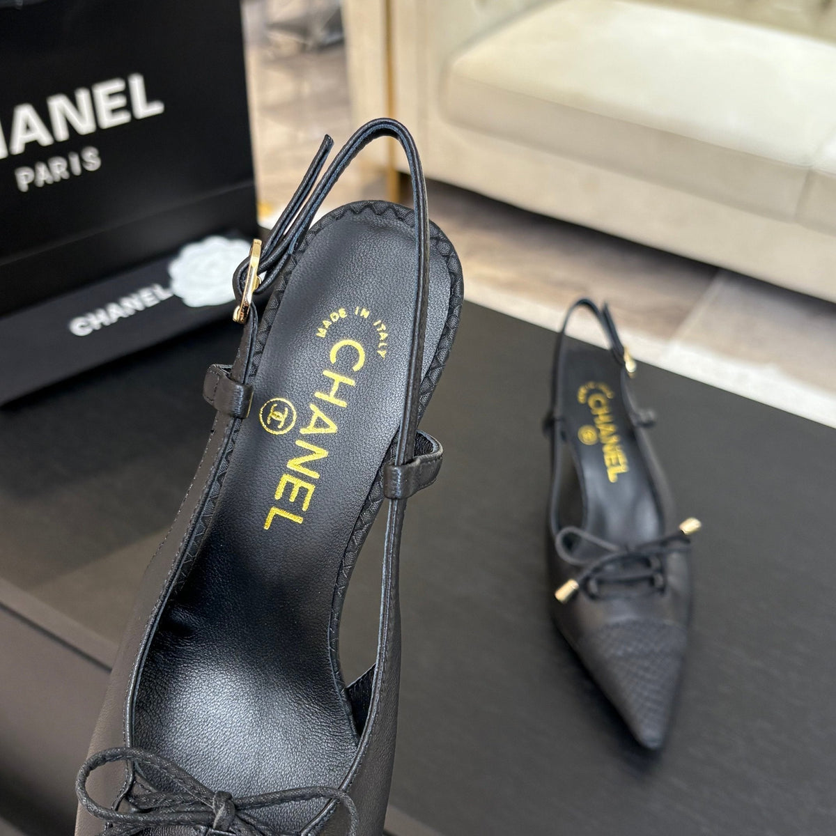 HIGH HEEL SLINGBACKS 65 MM IN BLACK WITH SNAKESKIN PATTERN LAMBSKIN