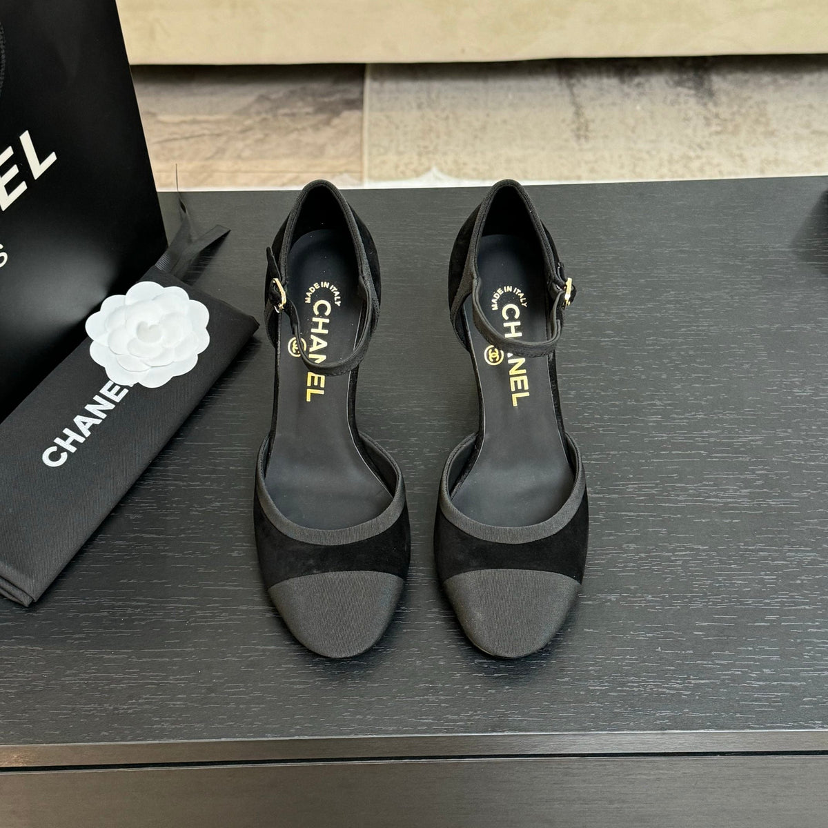 CC 25S Slingback 85mm Black Suede Grosgrain