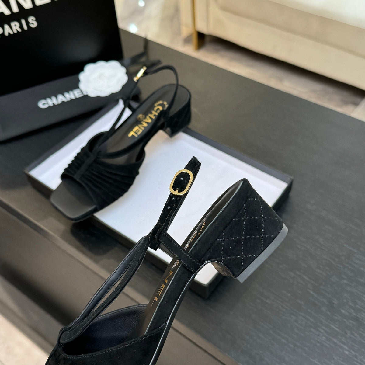 CC 25S Sandal Heel 50mm Black Suede Kidskin