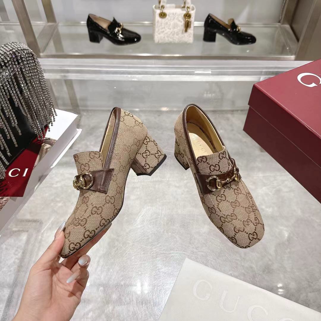 GG Women's Loafer Pump 55mm Horsebit Beige Canvas 502604