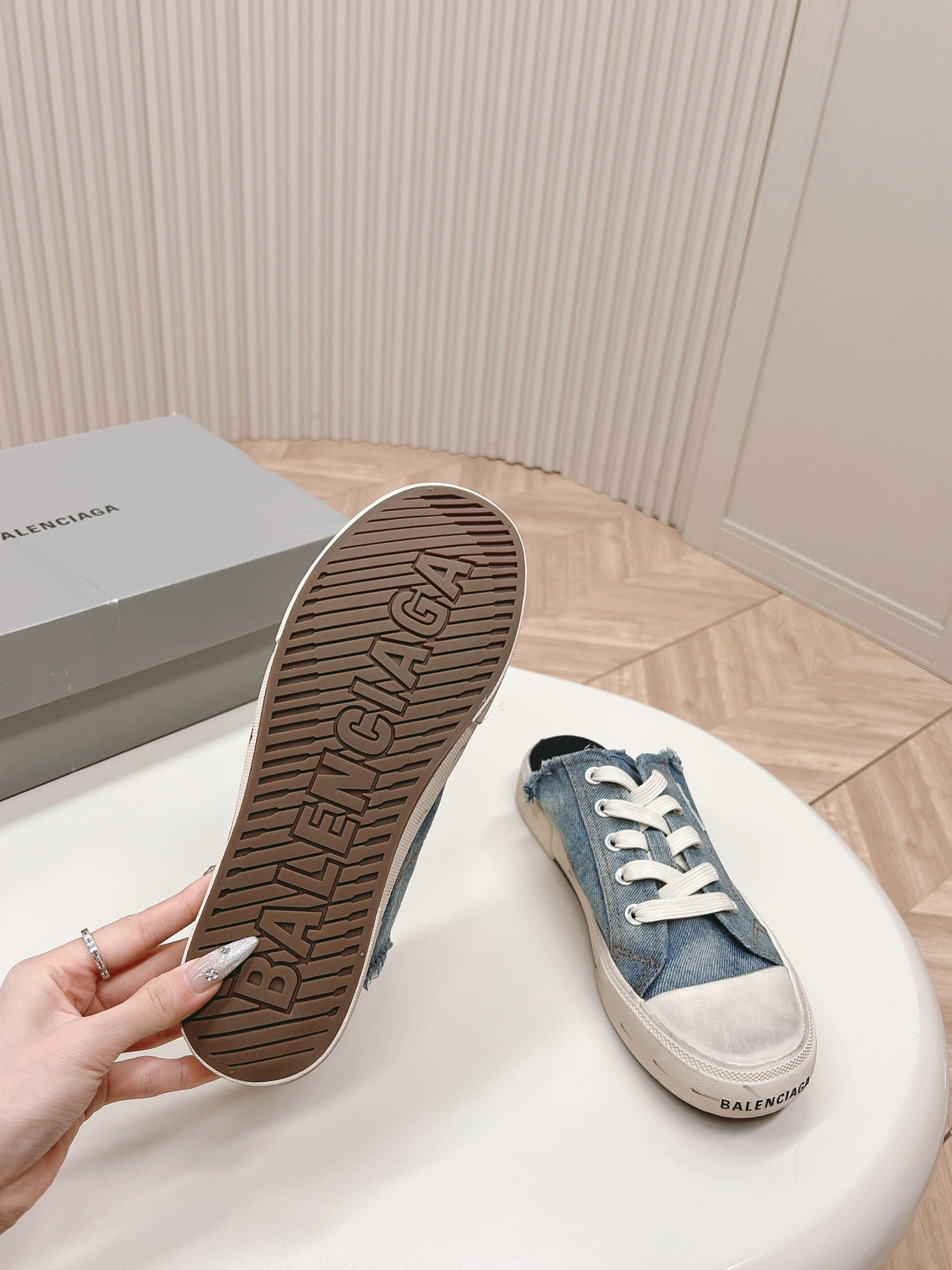 PARIS MULES IN BLUE DESTROYED DENIM AND RUBBER