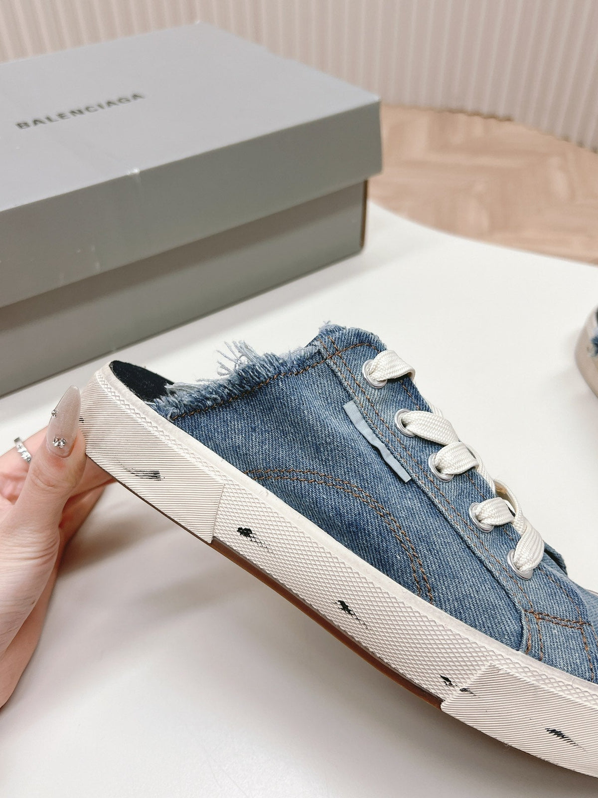 PARIS MULES IN BLUE DESTROYED DENIM AND RUBBER