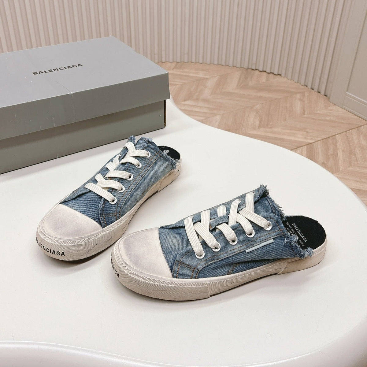 PARIS MULES IN BLUE DESTROYED DENIM AND RUBBER