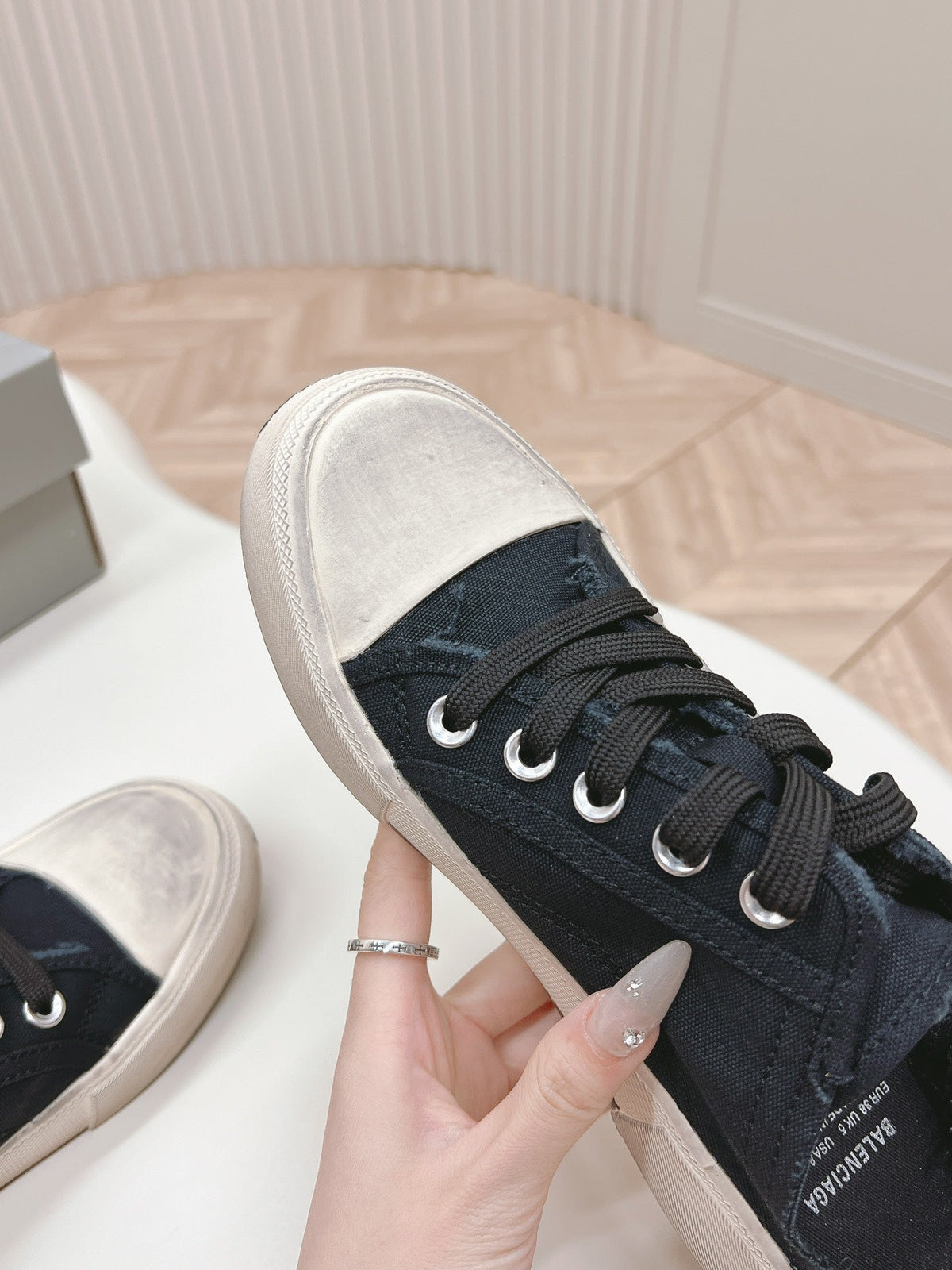 PARIS MULES IN BLACK DESTROYED DENIM AND RUBBER