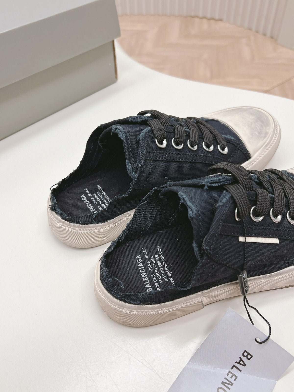 PARIS MULES IN BLACK DESTROYED DENIM AND RUBBER