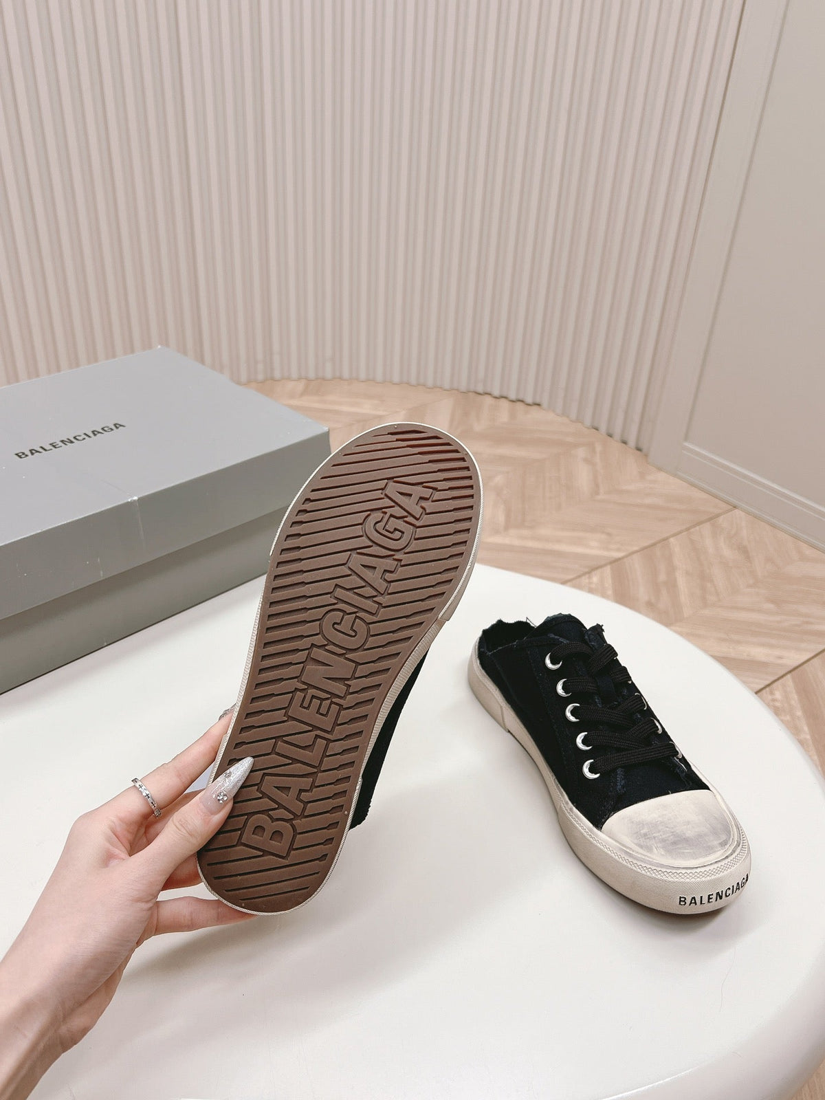 PARIS MULES IN BLACK DESTROYED DENIM AND RUBBER